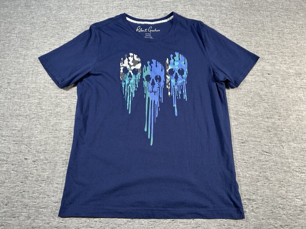 Robert Graham Shirt Mens Extra Large Navy Blue Skulls Short Sleeve Crewneck
